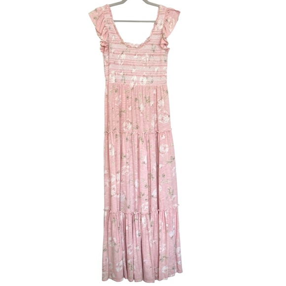 LOVE SHACK FANCY Chessie Smocked Tiered Floral Midi Dress Ballet Pink REVOLVE - Picture 8 of 14